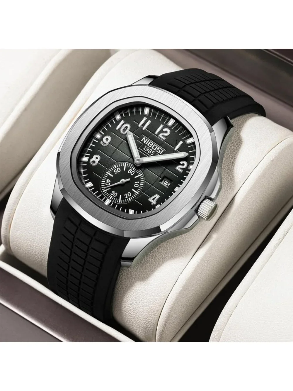 Men's Silver Black Silicone Strap Waterproof Fashion Quartz Classic Wrist Watch